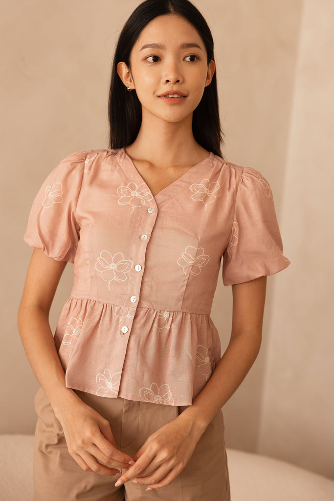 Le Fleur Magnolia - Tencel Linen Peplum Top in Rosé Crème